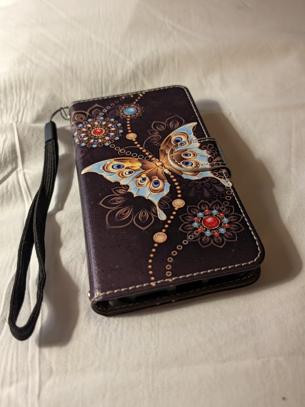 Purple Butterfly Wallet Phone Case with Wrist Strap